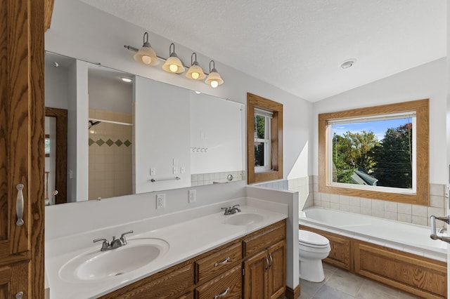 full bathroom with lofted ceiling, a textured ceiling, toilet, plus walk in shower, and tile patterned floors