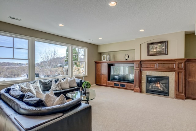 living room featuring light carpet and a textured ceiling