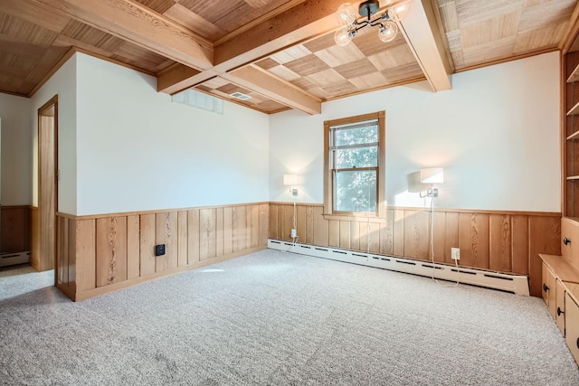 spare room featuring light carpet, beam ceiling, baseboard heating, and wooden ceiling