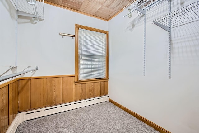 spacious closet with a baseboard radiator and carpet