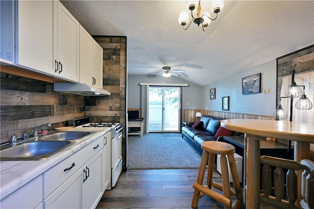 kitchen with a sink, a textured ceiling, ceiling fan with notable chandelier, white gas range, and vaulted ceiling