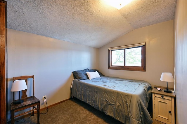 bedroom with baseboards, a textured ceiling, vaulted ceiling, and dark carpet