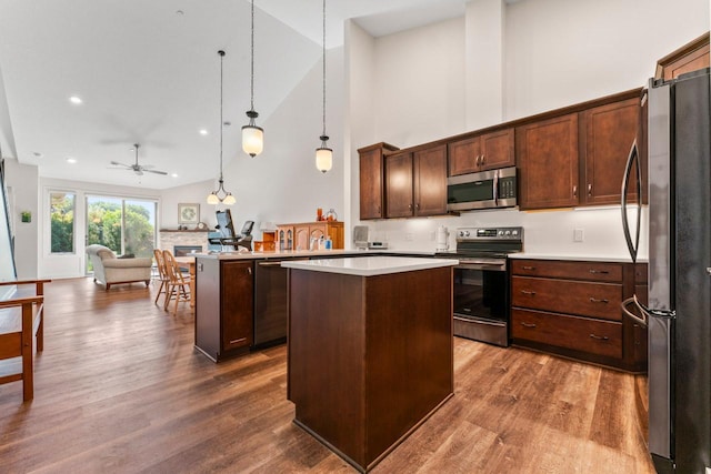 646 Shardlow Pl NE, Byron, MN 55920 - kitchen with high vaulted ceiling, stainless steel appliances, open floor plan, dark wood finished floors, and a kitchen island