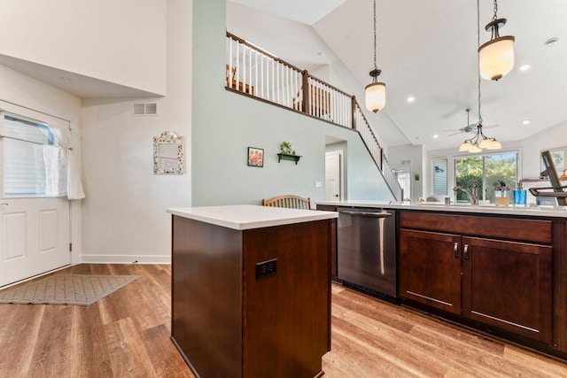 646 Shardlow Pl NE, Byron, MN 55920 - kitchen featuring light wood finished floors, pendant lighting, visible vents, dishwasher, and a kitchen island