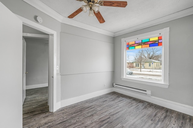 unfurnished room featuring a baseboard radiator, hardwood / wood-style flooring, ceiling fan, crown molding, and a textured ceiling