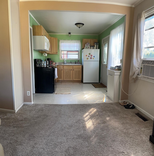 kitchen featuring ornamental molding, white appliances, light colored carpet, and sink