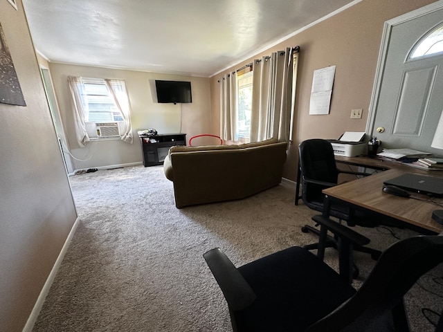 office featuring crown molding, light carpet, and cooling unit