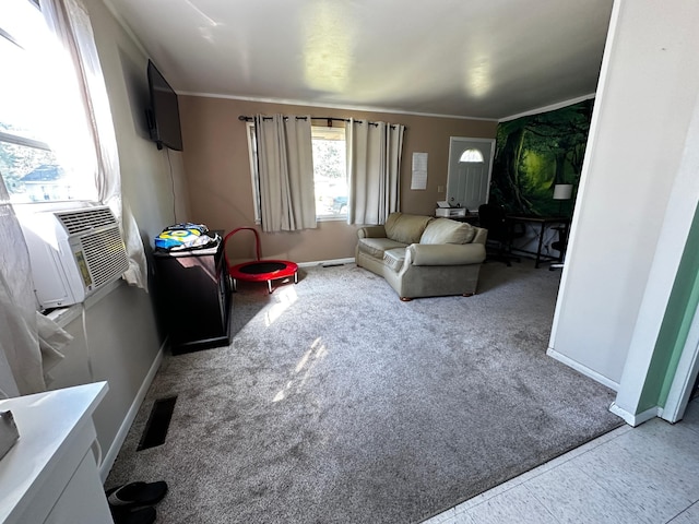 living room featuring crown molding and carpet flooring