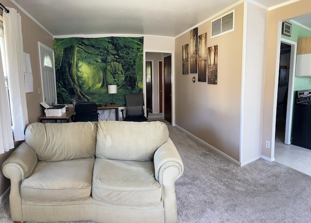 living room featuring crown molding and carpet