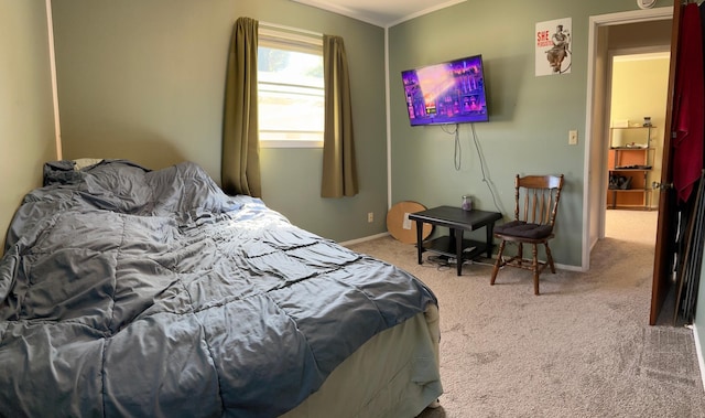 bedroom featuring light carpet and crown molding