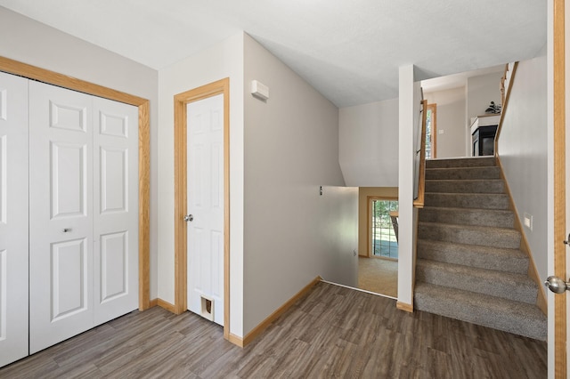 stairs featuring wood-type flooring