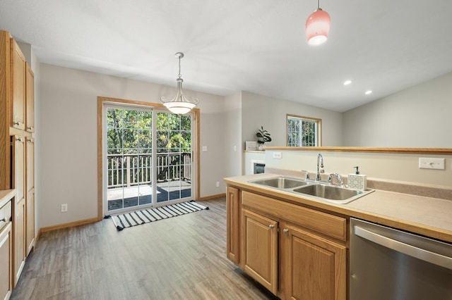 kitchen with stainless steel dishwasher, sink, pendant lighting, and light hardwood / wood-style flooring