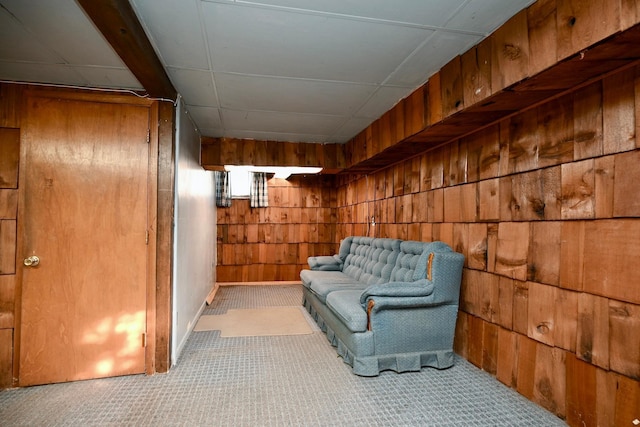 living area with wood walls and light colored carpet