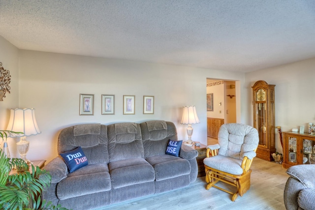 living room with light wood-type flooring and a textured ceiling