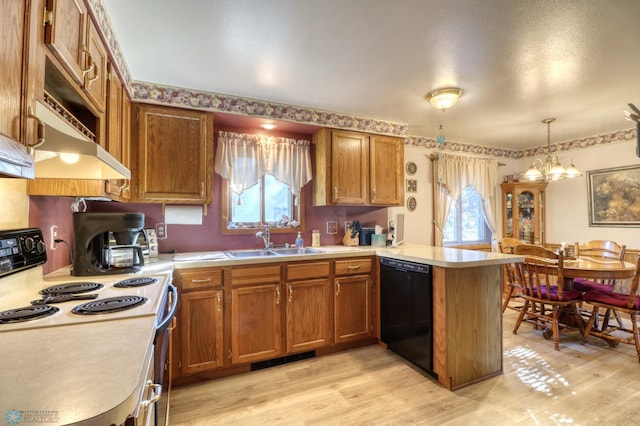 kitchen featuring pendant lighting, a wealth of natural light, white range, and dishwasher