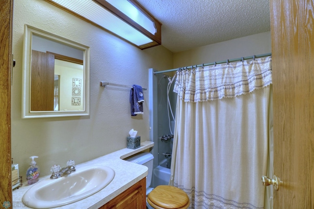 full bathroom with shower / tub combo, a textured ceiling, vanity, and toilet