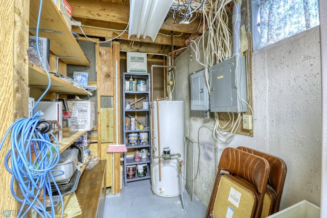 basement with electric panel and water heater