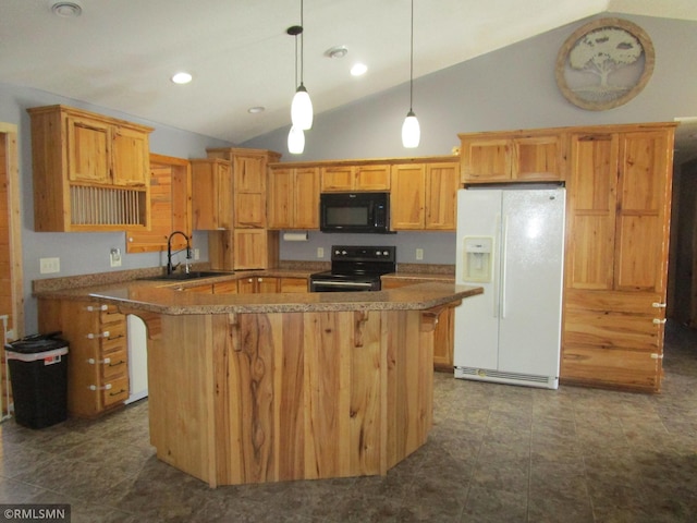 kitchen featuring lofted ceiling, black appliances, sink, decorative light fixtures, and a kitchen island