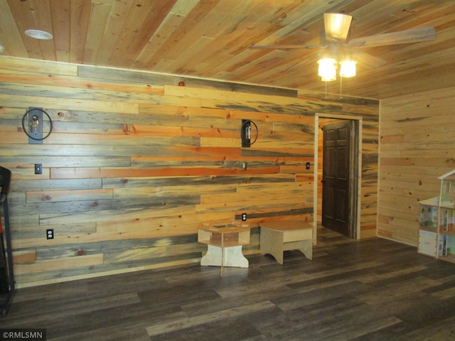 details with wood ceiling, wood-type flooring, and wooden walls