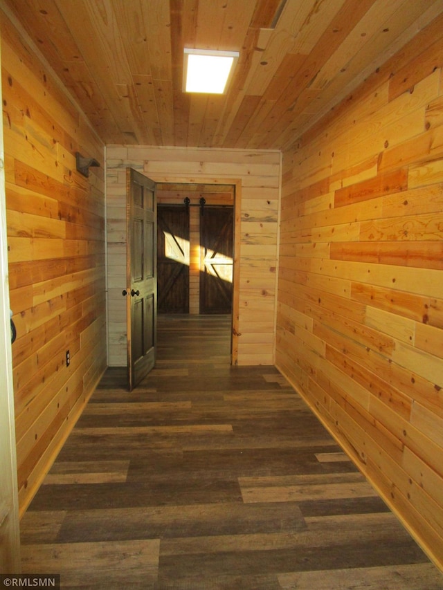 hall with a barn door, wood walls, wood ceiling, a sauna, and dark wood finished floors