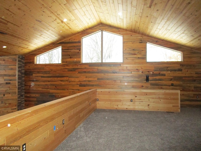 additional living space with wooden walls, a sauna, wood ceiling, carpet, and vaulted ceiling