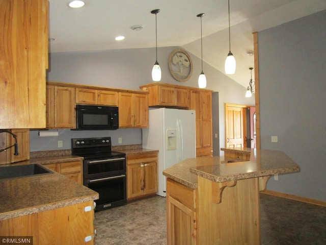 kitchen featuring a kitchen island, a sink, a kitchen breakfast bar, black appliances, and pendant lighting