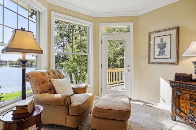 living area featuring ornamental molding, carpet flooring, and a water view