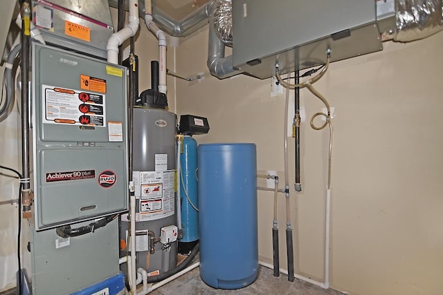 utility room with gas water heater and heating unit