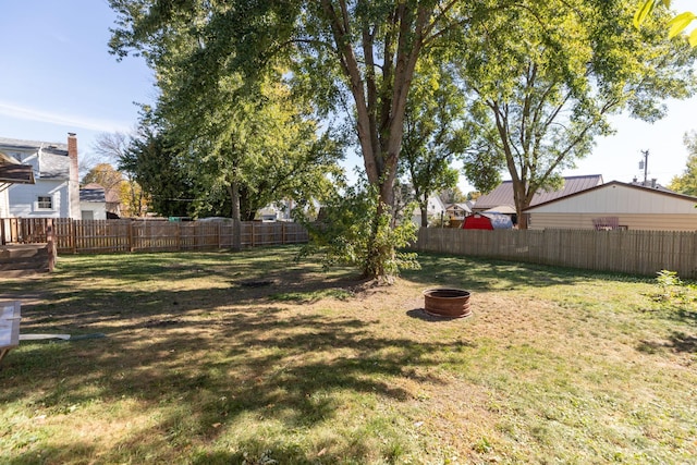 view of yard with a fenced backyard and an outdoor fire pit