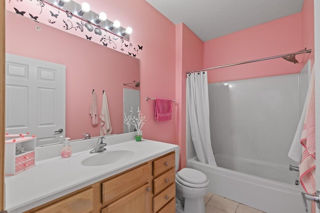 full bathroom featuring a textured ceiling, tile patterned floors, shower / tub combo, vanity, and toilet