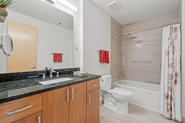 740 Portland Ave Unit 1207, Minneapolis, MN 55415 - bathroom featuring toilet, visible vents, shower / bath combination with curtain, tile patterned flooring, and vanity