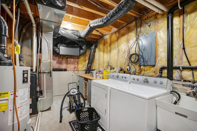 laundry room with water heater, sink, independent washer and dryer, and electric panel