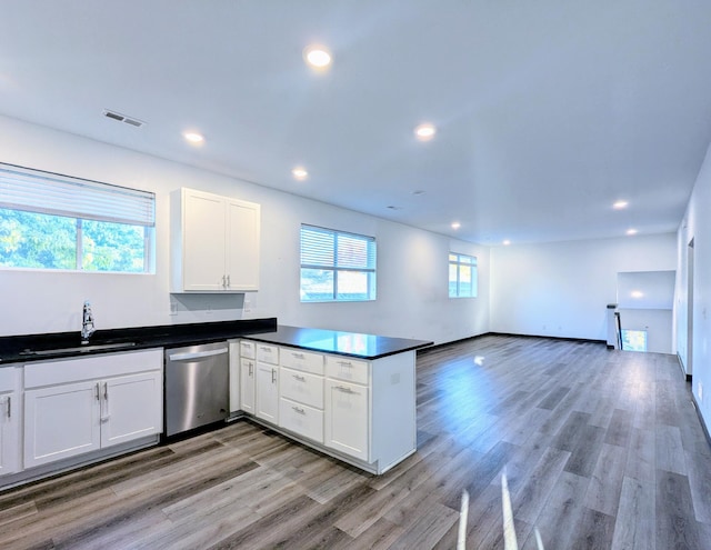 kitchen featuring stainless steel dishwasher, white cabinets, sink, kitchen peninsula, and a healthy amount of sunlight