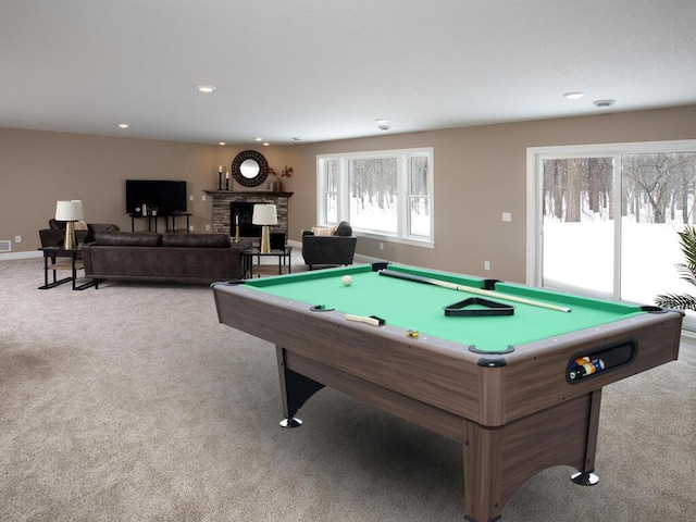 rec room with a brick fireplace, carpet, billiards, and recessed lighting