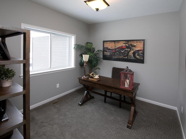 office featuring carpet floors, baseboards, and visible vents