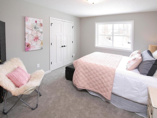 carpeted bedroom featuring baseboards and a closet