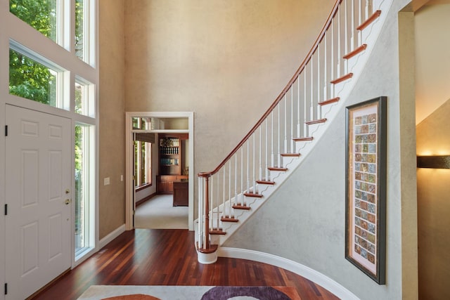 entrance foyer featuring dark wood-type flooring and a towering ceiling