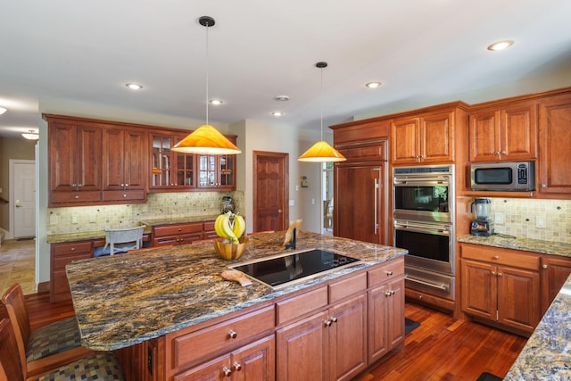 kitchen featuring pendant lighting, an island with sink, appliances with stainless steel finishes, dark hardwood / wood-style floors, and dark stone counters