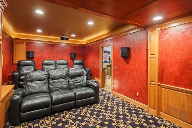 home theater room featuring ornate columns and carpet floors