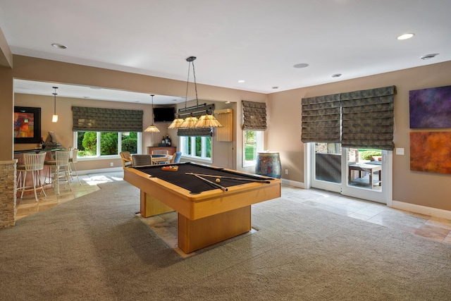 recreation room featuring light carpet and pool table