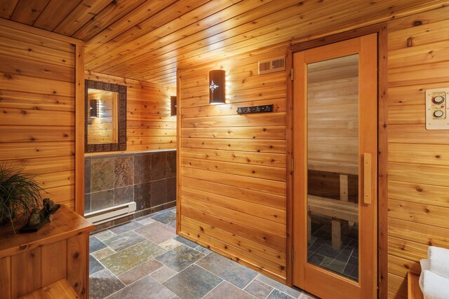 view of sauna featuring wooden walls and wood ceiling