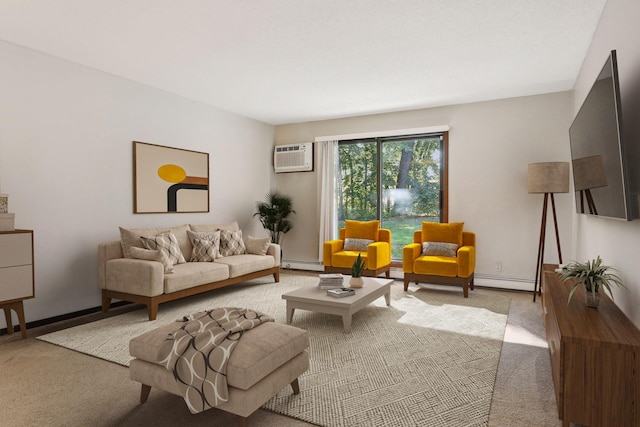 carpeted living room featuring a wall mounted AC and a baseboard radiator