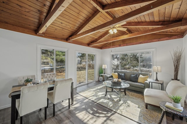 sunroom featuring vaulted ceiling with beams, wooden ceiling, and ceiling fan