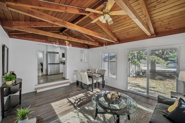 living room with wood ceiling, ceiling fan, dark hardwood / wood-style floors, and lofted ceiling with beams