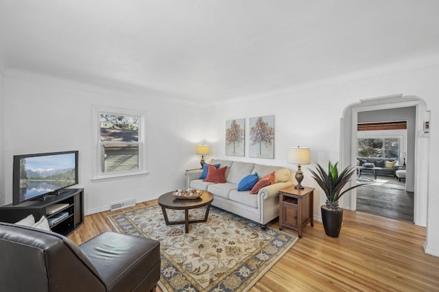 living room with light hardwood / wood-style flooring