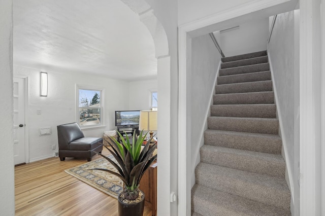 stairway with hardwood / wood-style floors