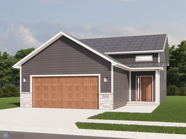 view of front of house with roof with shingles, stone siding, driveway, a front lawn, and a garage