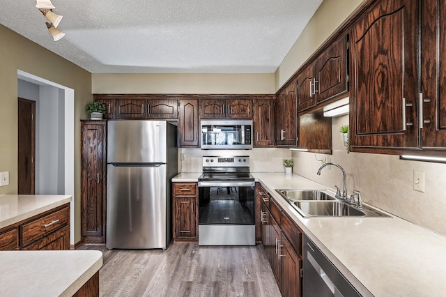 kitchen with light wood finished floors, appliances with stainless steel finishes, light countertops, and a sink