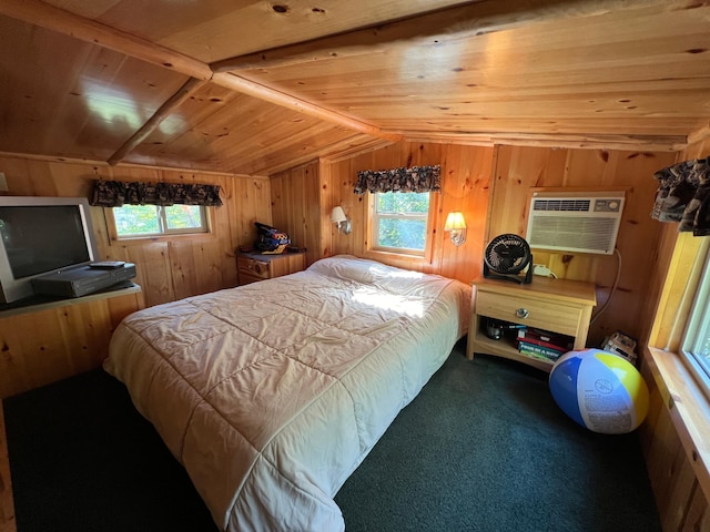 bedroom featuring multiple windows, lofted ceiling, wooden walls, and wooden ceiling