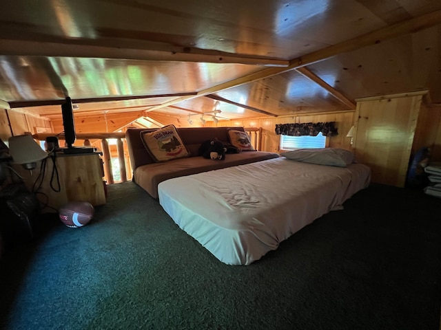 bedroom featuring wooden walls, lofted ceiling with beams, and carpet